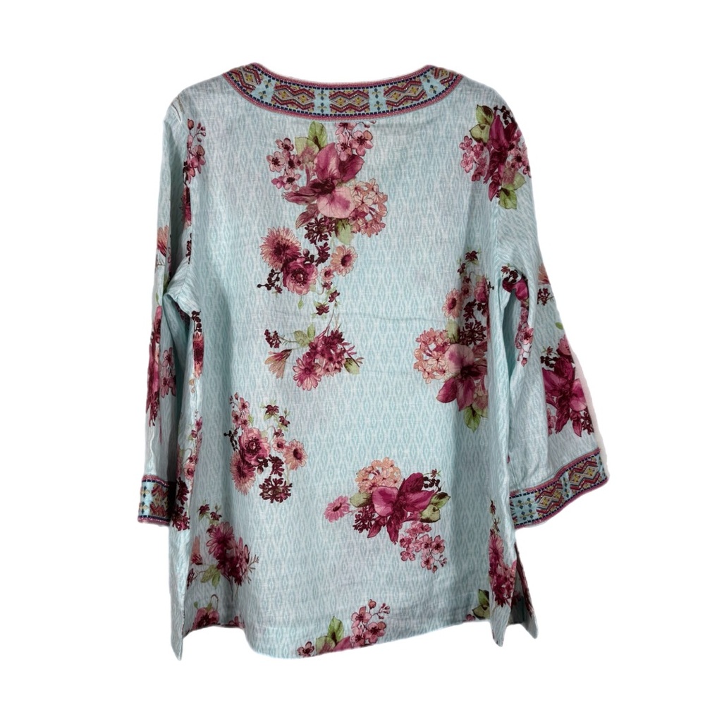 John Mark V-Neck Linen Blend Floral Beaded Tunic Top L Blue Pink Beachy Coastal - Picture 3 of 9